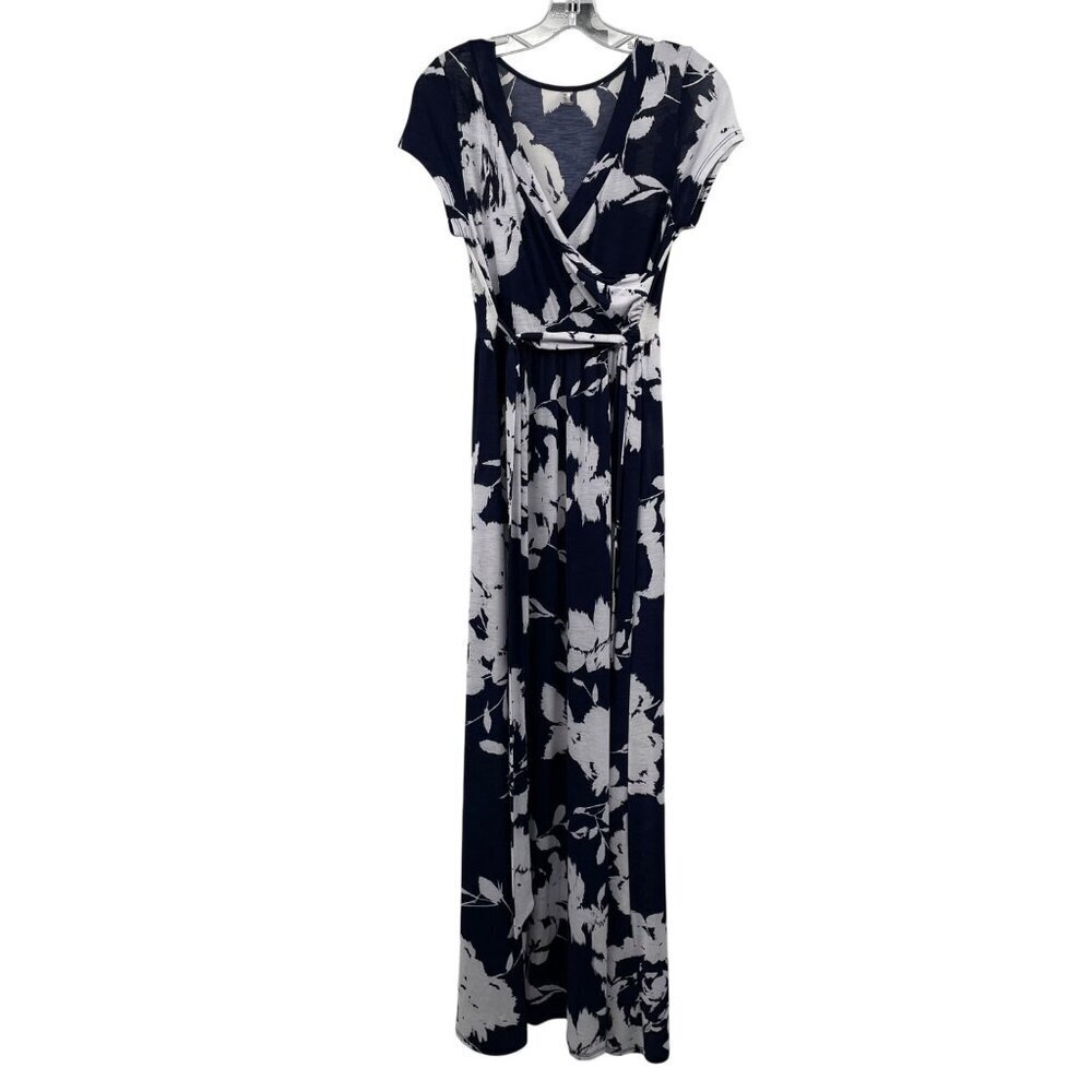 EMERALD Womens Floral Maxi Dress Short Sleeve Belted Navy/White Size Small